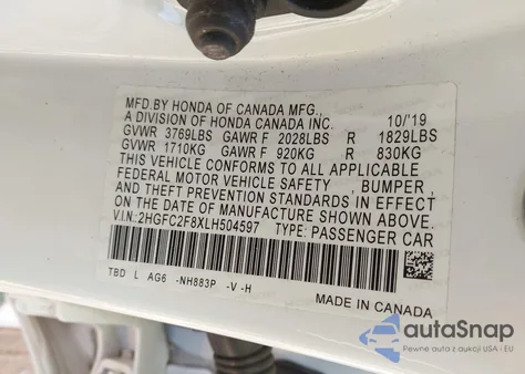 2020 Honda Civic Sport z USA, uszkodzony, nr VIN 2HGFC2F8XLH504597